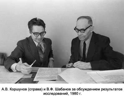 А.В. Коршунов (справа) и В.Ф. Шабанов за обсуждением результатов исследований, 1980 г.