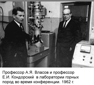 Профессор А.Я.Власов и профессор Е.И.Кондорский  в лаборатории горных пород во время конференции. 1962 г.